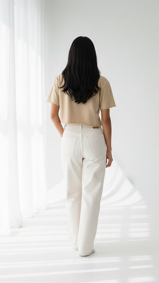 Poshaak Earth-Tone Raw-Edge Crop - Beige