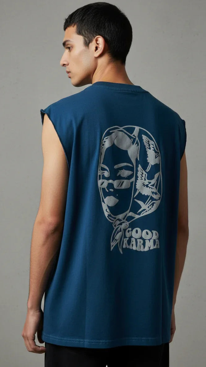 "Good Karma" Raw Edge Tank - Teal Blue - P O S H A A K