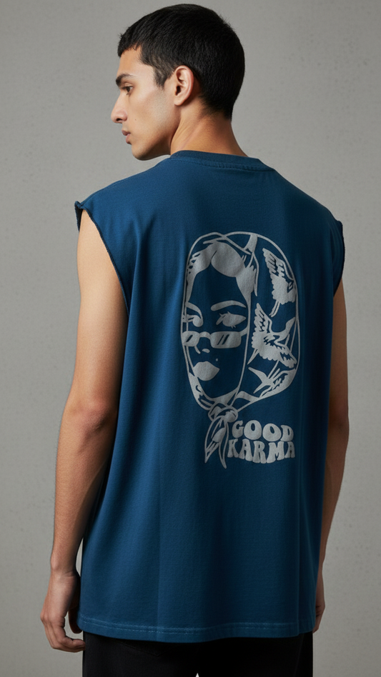 "Good Karma" Raw Edge Tank - Teal Blue