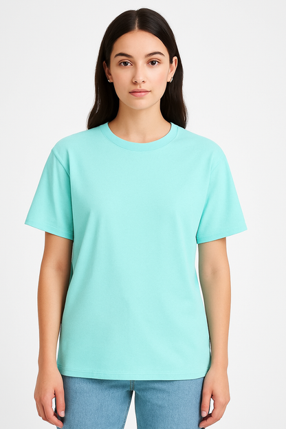 Person wearing a light blue t-shirt on a white background