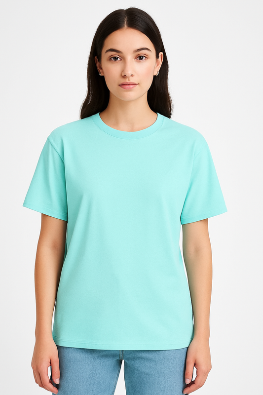 Person wearing a light blue t-shirt on a white background