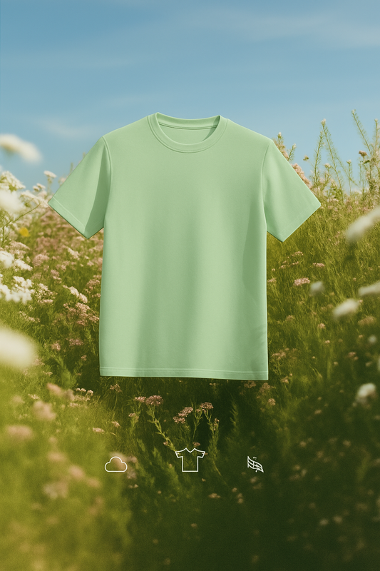 Light green t-shirt held up against a natural background with flowers and blue sky.