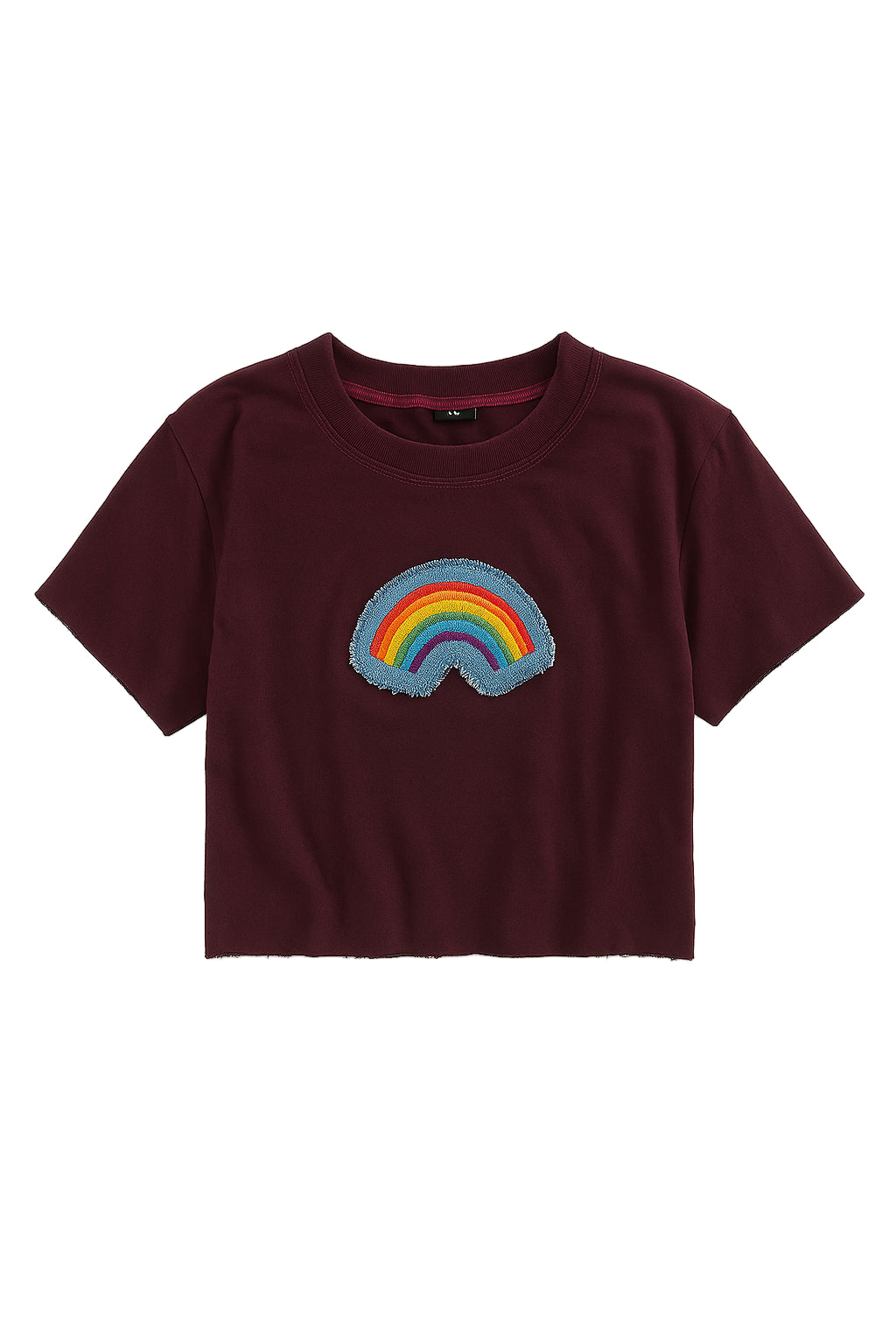Maroon t-shirt with a rainbow patch on a white background