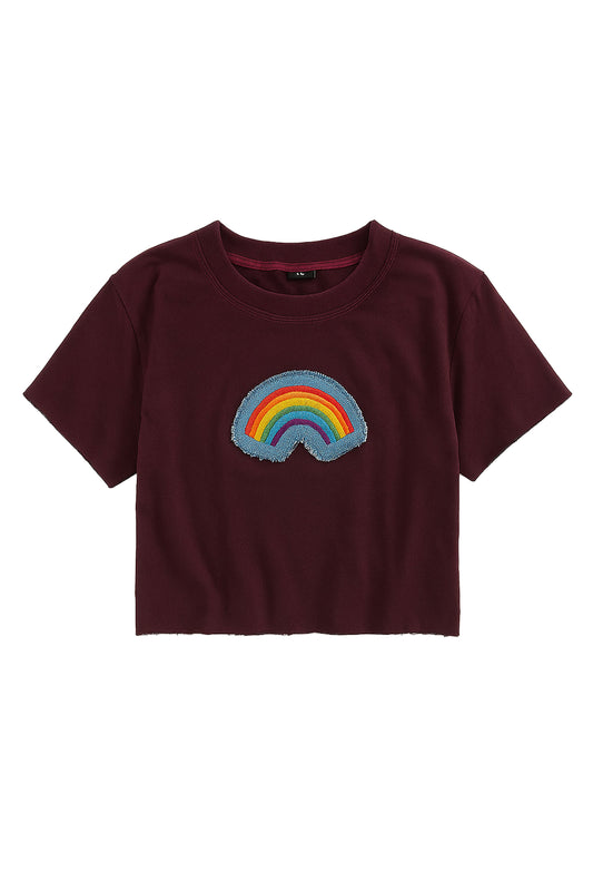 Maroon t-shirt with a rainbow patch on a white background