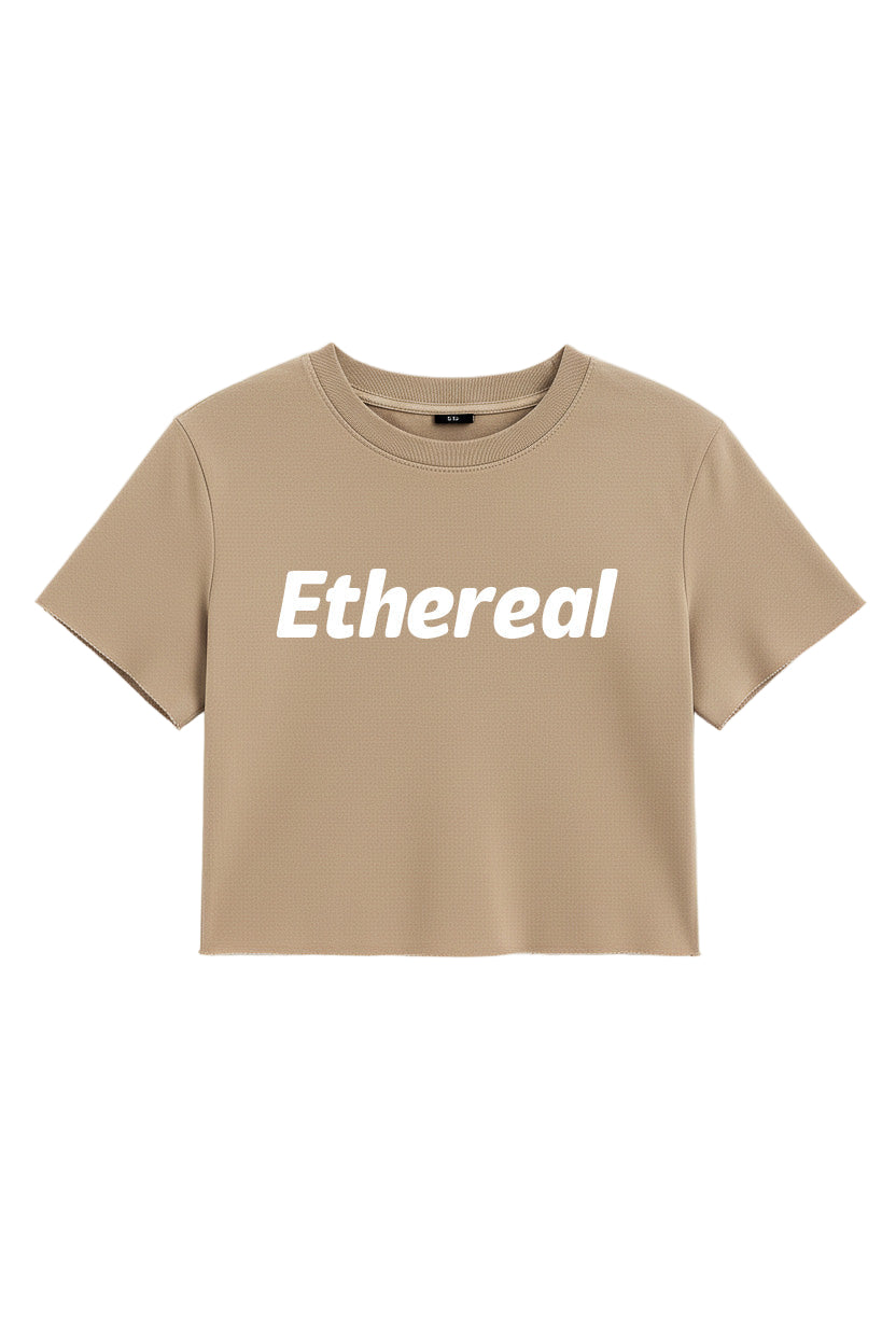 Beige t-shirt with 'Ethereal' text on a white background
