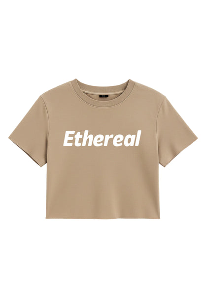 Beige t-shirt with 'Ethereal' text on a white background