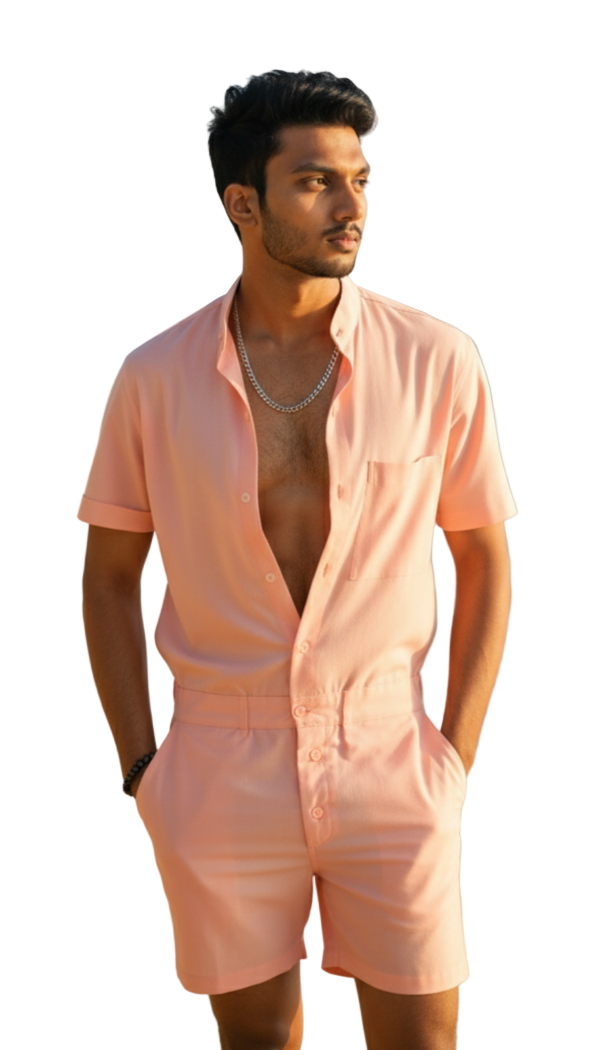 Man in a pink outfit standing on a beach with palm trees and ocean in the background