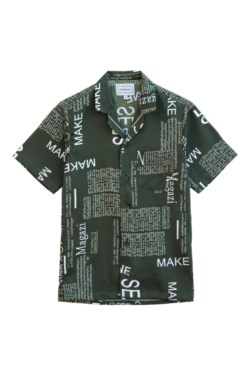 Green short-sleeve shirt with text pattern on a white background