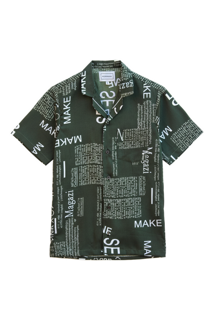 Green short-sleeve shirt with text pattern on a white background