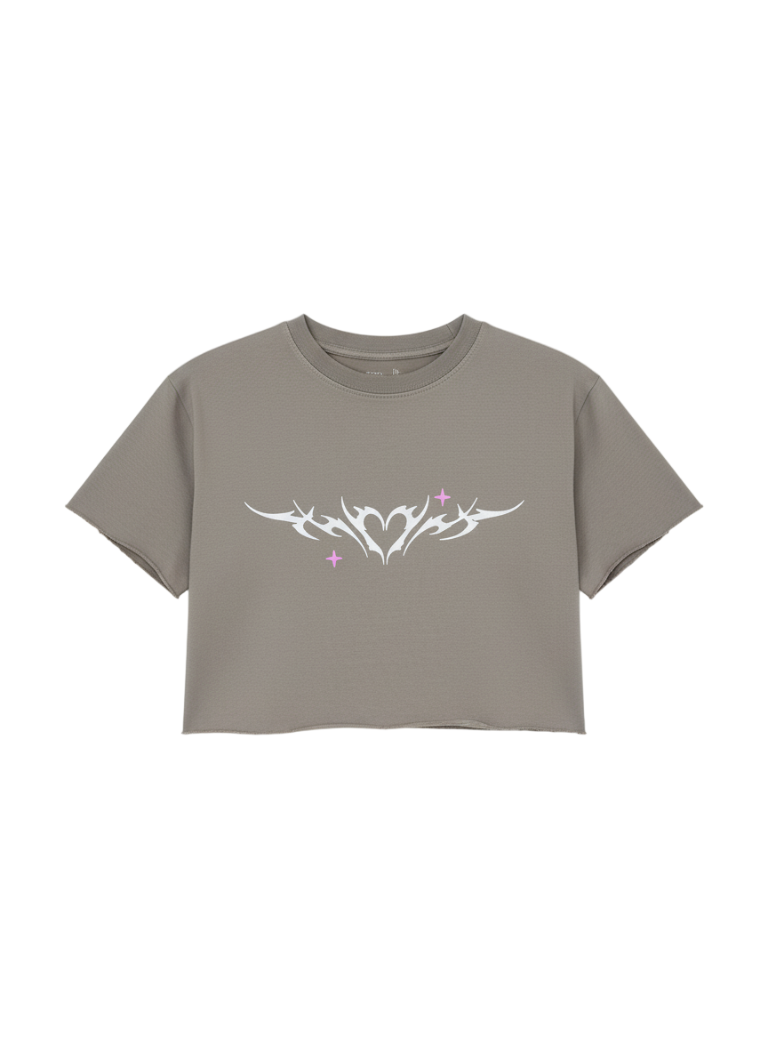 Gray crop top with a white tribal design on a white background