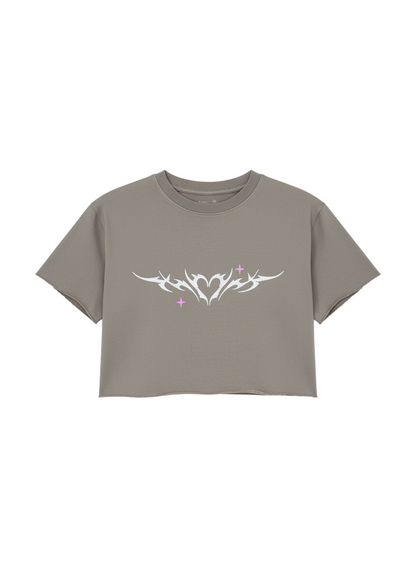 Gray crop top with a white tribal design on a white background