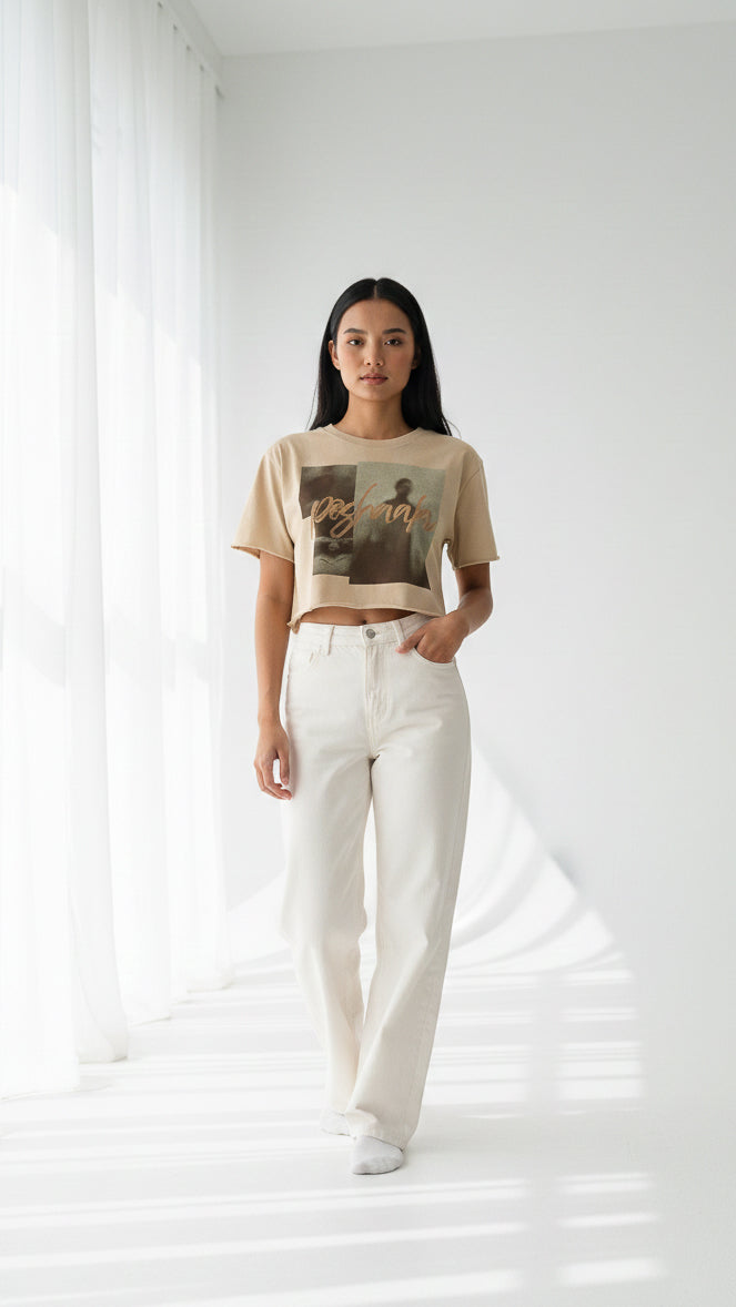 Poshaak Earth-Tone Raw-Edge Crop - Beige