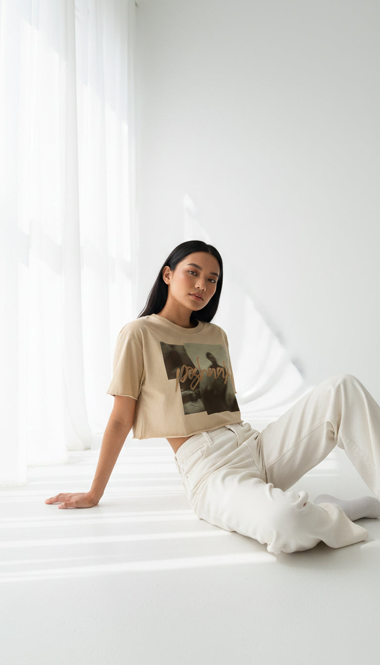 Poshaak Earth-Tone Raw-Edge Crop - Beige