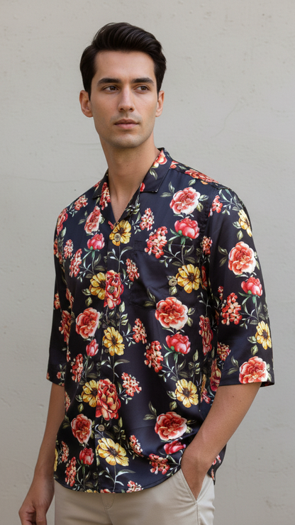 কালো ডিজিটাল প্রিন্টেড ফ্লোরাল