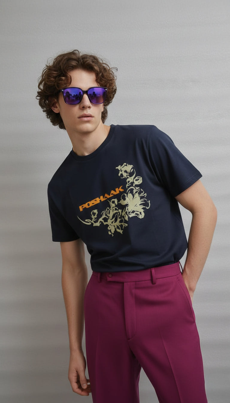 The "Gilded Flora" 3D Puff Tee - Midnight Navy