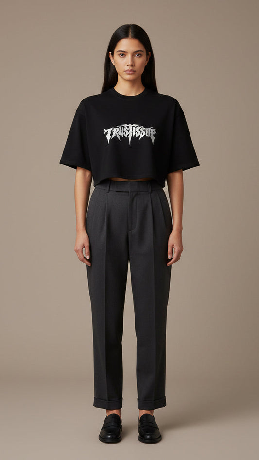 "Trust Issue" Boxy Crop – Metallic Silver Edition