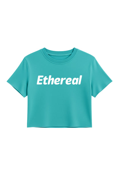 Turquoise t-shirt with 'Ethereal' text on a white background